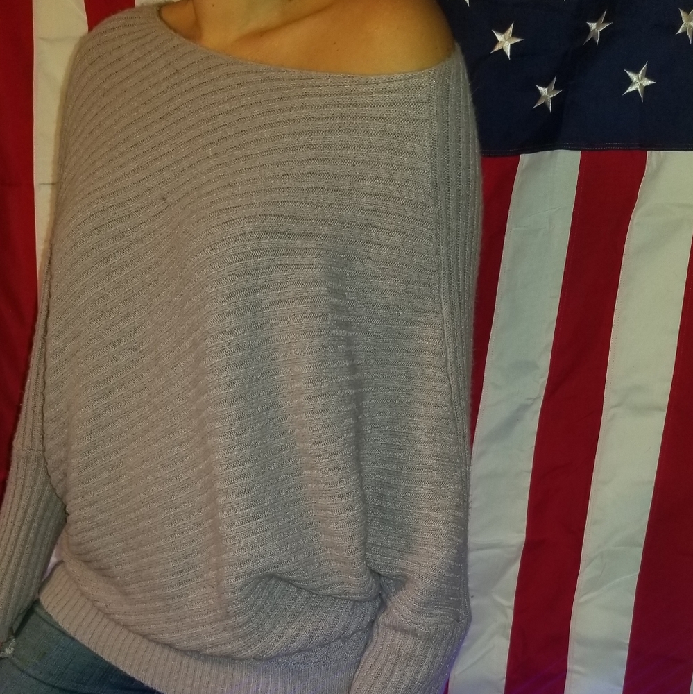 Grey batwing off the shoulder sweater